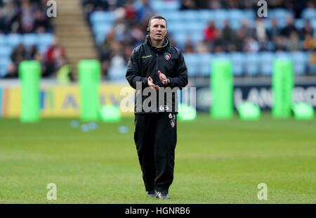 Leicester Tigers Trainer Aaron Mauger während der Aviva Premiership-Spiels in der Ricoh Arena in Coventry. PRESSEVERBAND Foto. Bild Datum: Sonntag, 8. Januar 2017. Finden Sie unter PA Geschichte RUGBYU Wespen. Bildnachweis sollte lauten: David Davies/PA Wire. Einschränkungen: Nur zur redaktionellen Verwendung. Keine kommerzielle Nutzung. Stockfoto