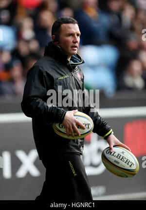 Leicester Tigers Trainer Aaron Mauger während des Spiels der Aviva Premiership in der Ricoh Arena, Coventry. DRÜCKEN SIE VERBANDSFOTO. Bilddatum: Sonntag, 8. Januar 2017. Siehe PA Story RUGBYU Wesps. Bildnachweis sollte lauten: David Davies/PA Wire. Stockfoto