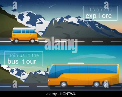 Vektor-Reisen Banner gesetzt. Bustour, Alpen Berge, Minibus in freier Wildbahn, die Firma Reisenden Stock Vektor