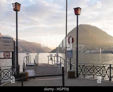 Lugano, Schweiz: Möwen auf der Kante des Piers am Luganer See Stockfoto