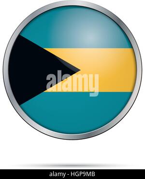 Bahamas Flagge Glas Button Stil mit Metallrahmen. Schaltfläche "Vektor Bahamas Flagge". Stock Vektor