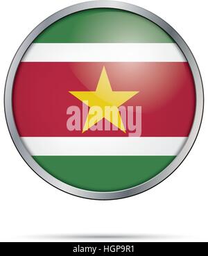 Suriname Flagge Glas Button Stil mit Metallrahmen. Schaltfläche "Vektor surinamischen Flagge". Stock Vektor