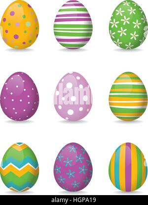 Satz von neun lebendige glänzende bunte Ostereier mit verschiedenen Mustern Stock Vektor