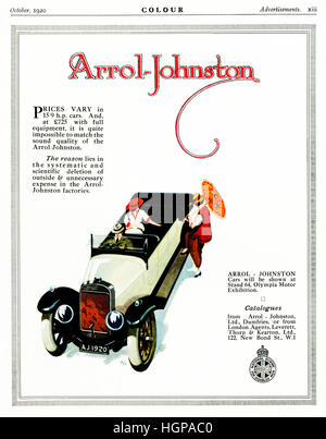 Arrol-Johnston Autos, 1920 Werbung für Autos hergestellt in Schottland durch das 1896 gegründete Unternehmen Stockfoto