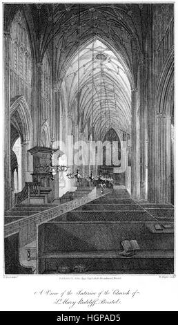 Eine Gravur auf ein Blick auf das Innere der Kirche St Mary Redcliff, Bristol im Jahre 1808 in hoher Auflösung aus einem Buch, gedruckt im Jahre 1816 gescannt. . Stockfoto