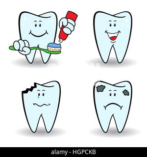 Vier gesunde und kranke Cartoon Gebiss mit verschiedenen Gesicht Grimassen, Farbe-Vektor-Illustrationen Stock Vektor