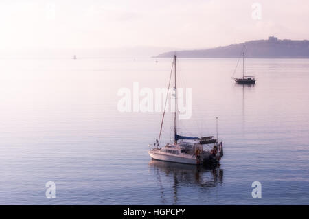 High-Key-Bild von Yachten ankern in ruhiger See bei St Mawes in Cornwall als am Morgen Nebel Aufzüge. Stockfoto