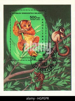 Eine Briefmarke gedruckt in den madagassischen zeigt Perodicticus Obhut, Serie, Lemuren von Madagaskar 1983 Stockfoto