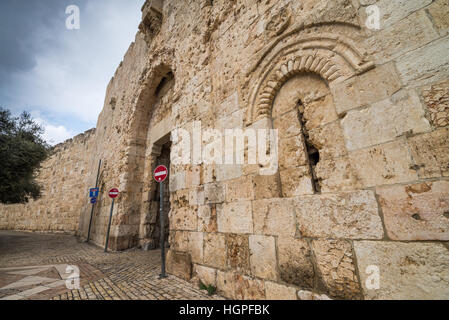 Zionstor in der südlichen Mauer der Altstadt von Jerusalem ist vernarbt Kugel Marken aus dem Sechstagekrieg 1967, Jerusalem, Israel Stockfoto