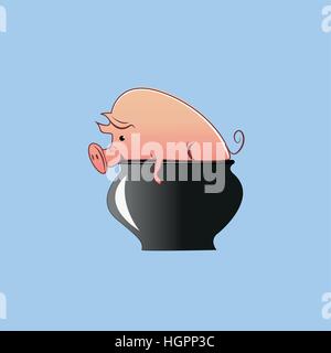 Schwein in einem Topf auf hellem Hintergrund Stock Vektor