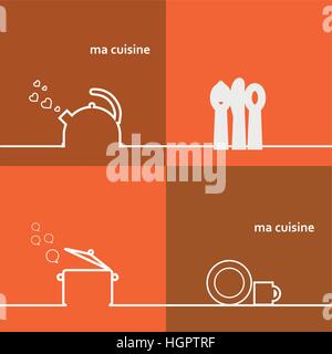 Kochgeschirr Set Kessel, Topf, Löffel, Gabel, Messer, Tasse, Untertasse Stock Vektor