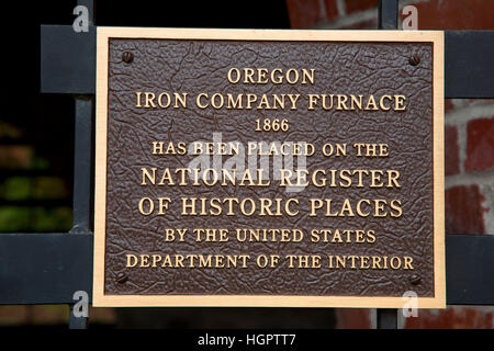 Oregon Iron Company Furnace Plaque, George Rogers Park, Lake Oswego, Oregon Stockfoto