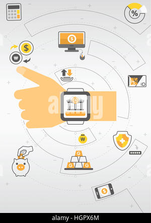 Hand, tragen eine Smartwatch mit Symbolen, die im Zusammenhang mit Wirtschaft Stockfoto