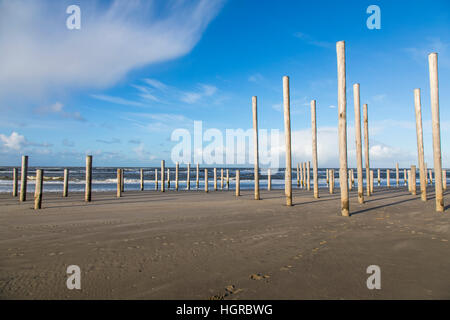 Artwork, Kunstinstallation "Petten in Palen" an der Nordküste von Petten, Nordholland, 160 Holzpfähle, die Silhouette der ehemaligen Dorf Chu Stockfoto