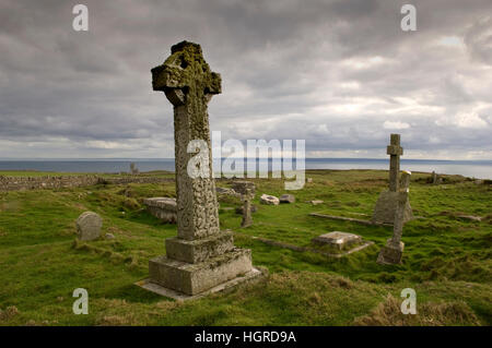 Lundy Island zeigt das Feuer Motor, Marisco Taverne, Saint Helens Kirche, Briefkasten, Friedhof eine alte Fotografien. Stockfoto