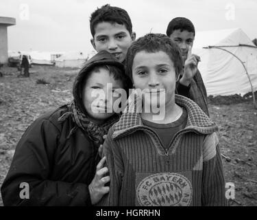 Azaz, Syrien - 29. Januar 2014. Syrischen Flüchtlingslager in der Nähe der Ortschaft Azaz 60 Kilometer von Aleppo in Syrien in der Nähe der Grenze mit der Türkei in Kilis. Stockfoto