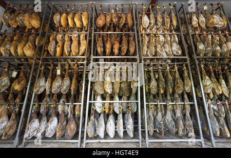 Schinken der schwarzen iberischen Schwein in eine Aushärtung Fabrik, Aracena,-Provinz Huelva, Andalusien, Spanien Stockfoto