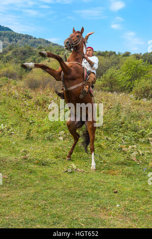 Mann auf aufbäumenden Pferd, kasachische ethnographische Dorf Aul Gunny, Talgar Stadt, Almaty, Kasachstan, Zentralasien Stockfoto