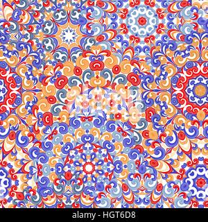 Bunten ethnischen Musterdesign mit Mandalas im orientalischen Stil. Runde Deckchen mit rot, blau, violett braun locken und wirbelt, Weben in Arabesque traditionelle Spitzen Verzierungen. Vektor-Illustration. Stock Vektor