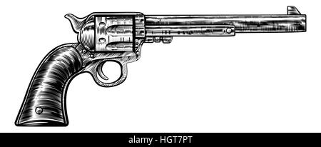 Pistole Revolver Pistole sechs Shooter Pistole Zeichnung in einem Vintage retro-Holzschnitt, geätzt oder graviert Stil Stockfoto
