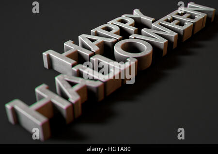 Ein 3D Rendering des Metalls extrudiert Text buchstabieren die Phrase Happy Halloween auf edlen schwarzen Hintergrund Stockfoto