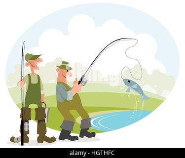 Vektor-Illustration eines Fischers fängt Fisch Stock Vektor