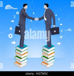 Partnerschaft beruht auf Wissen-Business-Konzept. Zwei Geschäftsleute schütteln einander die Hände auf Buch Pfählen stehen. Konzept der Deal, nutzen, gemeinsame gro Stock Vektor