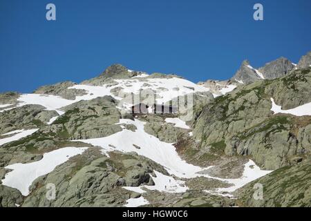 Chalet du Lac Blanc in den französischen Alpen in der Nähe von Chamonix. Stockfoto