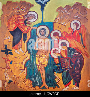 Wien, Österreich - 19. Dezember 2016: Das Symbol des Täufers Christi auf der Leinwand in Kirche Brigitta Kirche von unbekannten Künstler des 20. Jhdt. Stockfoto