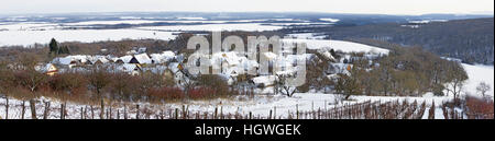 Sebechleby - die Panorama-Siedlung der alten Weinkeller aus der mittleren Slowakei (Stara Hora) im Winter beherbergt. Stockfoto