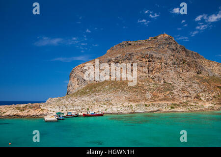 Imeri Gramvousa ist eine unbewohnte Insel vor der Küste von Nord-West-Kreta mit Resten einer venezianischen Festung, eine beliebte Touristenattraktion Stockfoto