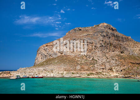 Imeri Gramvousa ist eine unbewohnte Insel vor der Küste von Nord-West-Kreta mit Resten einer venezianischen Festung, eine beliebte Touristenattraktion Stockfoto