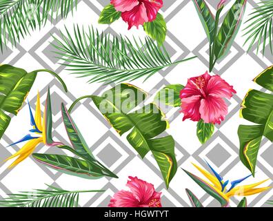 Nahtlose Muster mit tropischen Blättern und Blüten. Palmen, Äste, Paradiesvogel Blume, Hibiskus Stock Vektor