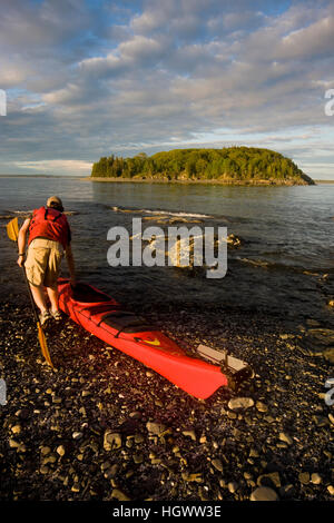 Ein Kajakfahrer in der Porcupine-Inseln im Maines Acadia National Park.  Bar Harbor. Stockfoto