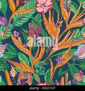 Nahtlose Skizze Umriss handbemalt Hintergrund mit exotischen Blumen und Blätter für Papier und Textil-design Stock Vektor