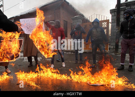 Srinagar, Indien. 13. Januar 2017. Demonstranten verbrennen, die Bilder des iranischen Präsidenten Hasssan Rouhani, Hisbollah-Chef Hassan Nasrallah Libanon und Präsident von Syrien Bashar Al - Assad während einer Demonstration in Srinagar im Sommer, Hauptstadt des indischen Kaschmir am 13. Januar gesteuert, 2017.Clashes in vielen Teilen von Srinagar gegen die zivile Tötungen durch Assad-Regime brach Kräfte in Syrien, indische Polizei später gefeuert reißen Rauch Granaten und betäuben Granaten um die wütenden Demonstranten zu zerstreuen. © Faisal Khan/Pacific Press/Alamy Live-Nachrichten Stockfoto