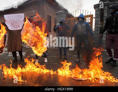 Srinagar, Indien. 13. Januar 2017. Demonstranten verbrennen, die Bilder des iranischen Präsidenten Hasssan Rouhani, Hisbollah-Chef Hassan Nasrallah Libanon und Präsident von Syrien Bashar Al - Assad während einer Demonstration in Srinagar im Sommer, Hauptstadt des indischen Kaschmir am 13. Januar gesteuert, 2017.Clashes in vielen Teilen von Srinagar gegen die zivile Tötungen durch Assad-Regime brach Kräfte in Syrien, indische Polizei später gefeuert reißen Rauch Granaten und betäuben Granaten um die wütenden Demonstranten zu zerstreuen. © Faisal Khan/Pacific Press/Alamy Live-Nachrichten Stockfoto