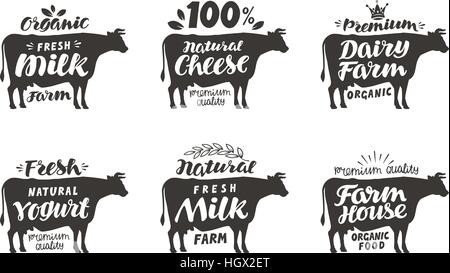 Kuh. Vektor setzen Lebensmittel-Etiketten, Abzeichen und Symbole. Schriftzug, Milch, Käse, Molkerei, Joghurt isoliert auf weißem Hintergrund
