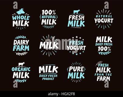 Frischer Milch set Logo, Label, Element. Milchprodukt-Emblem, Vorlage, Symbol. Vektor-illustration Stock Vektor