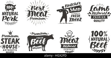 Metzgerei, Etiketten. Fleisch, Rind, Schwein, Lamm Set Symbole. Schriftzug-Vektor-illustration Stock Vektor