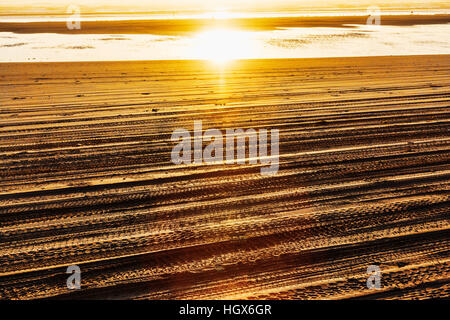 Reifenspuren am Strand.  Grayland Beach, Staatspark, Austernzucht Beach, an der central Washington Pazifikküste südlich von Westport bei Sonnenuntergang. Stockfoto
