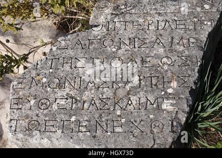 Inscriprions eingraviert in Felsen auf der Xanthos - Letoon archäologischen Komplex, der die Hauptstadt des antiken Lykien, Türkei Stockfoto