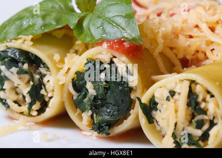 Italienische Pasta Cannelloni gefüllt mit Spinat und Käse mit Tomaten-Sauce und Basilikum Makro horizontale Stockfoto