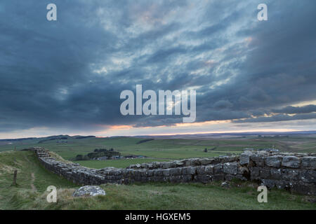 Der Hadrianswall auf Cawfield Felsen, Blick nach Westen bei Sonnenuntergang Stockfoto