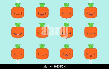 Satz von Vector Kawaii Karotte Emoticons. Auf hellblauem Hintergrund isoliert. Stock Vektor
