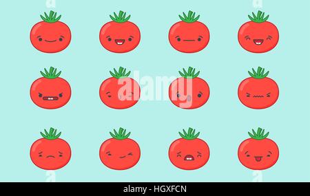 Satz von Vector Kawaii Tomate Emoticons. Auf hellblauem Hintergrund isoliert. Stock Vektor