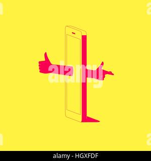 Smartphone mit Daumen nach oben Hand ragte aus dem Bildschirm und kreuzte Finger Hand auf der Rückseite des Telefons. Stock Vektor