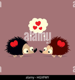 Nette Karte zum Valentinstag mit zwei Cartoon-Igel falling in Love mit einander Stockfoto