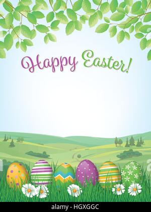 Happy Easter Poster oder Grußkarte mit bemalten Ostereier vor Landschaft mit Kopie Raum-Vektor-illustration Stock Vektor