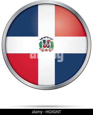 Vektor-Dominikanische Flagge Button. Republik von Dominica Flagge in Glas-Knopf-Stil mit Metallrahmen. Stock Vektor
